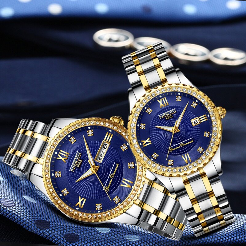 NIBOSI-Reloj de pulsera de acero inoxidable para hombre y mujer, accesorio masculino de marca de lujo, de cuarzo dorado, de regalo, azul