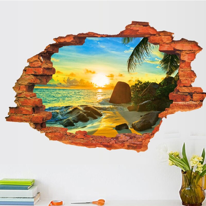 Envío Gratis: pared rota en 3D, paisaje de atardecer, Isla marina, árboles de coco, adorno para el hogar, puede quitar las pegatinas de pared