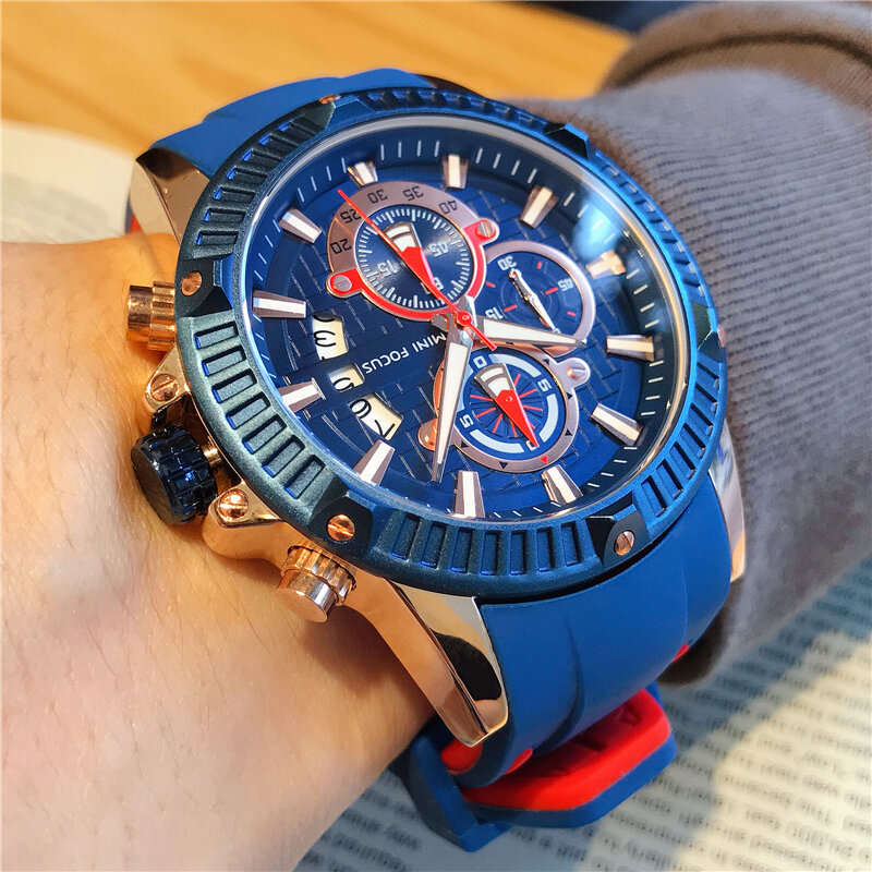 MINIFOCUS Relógio De Luxo Azul Dourado Sport Men Watch Top Marca Moda Casual Masculino Relógio de Pulso À Prova D 'Água Relógios