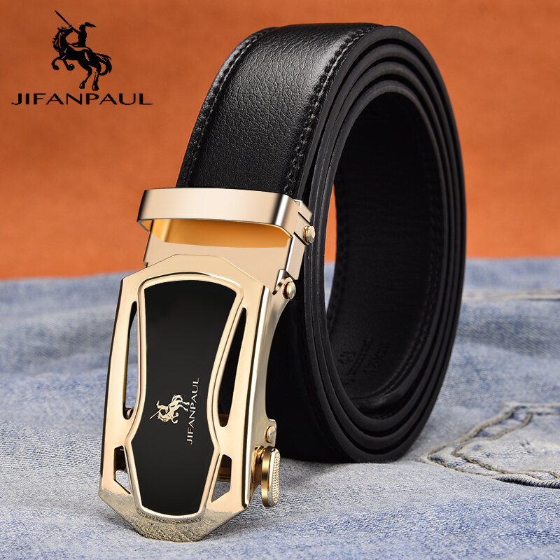 JIFANPUA men's belt fashion appearance top leather quality men business black belt alloy automatic buckle gold rim free shipping