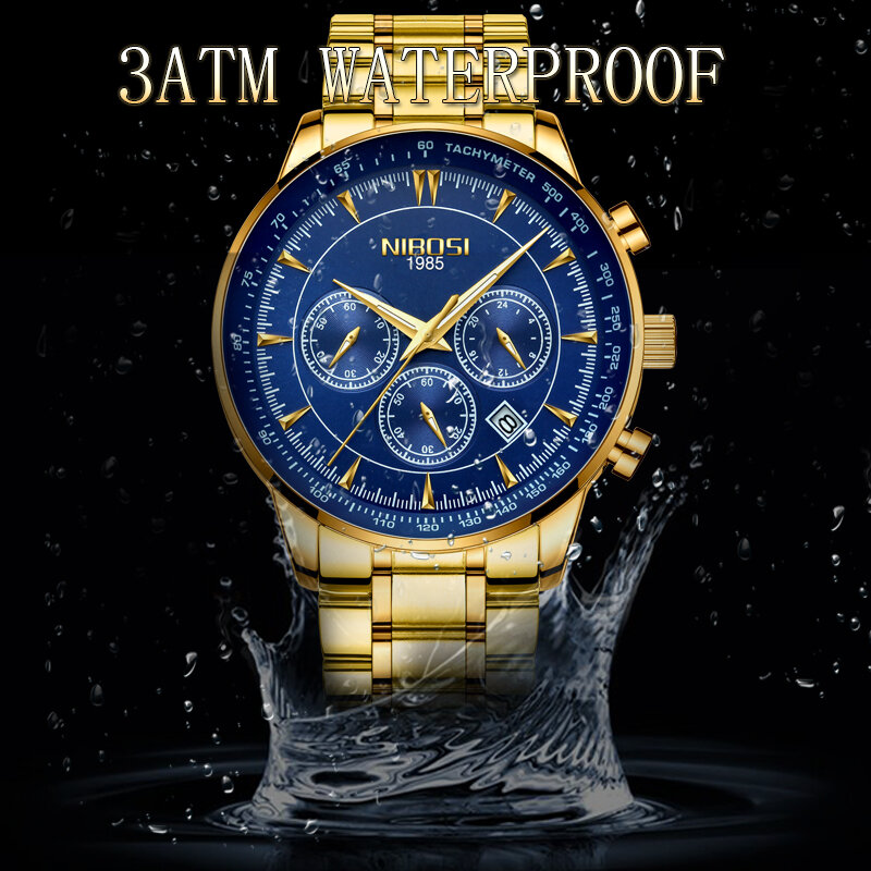 Relógios masculinos nibosi quartz, pulseira de aço à prova d'água, marca de luxo 2018