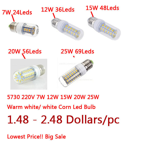 1PCS/Lot Free Shipping  E27 Led Lamps 5730 220V 7W 12W 15W 18W 20W LED Lights Corn Led Bulb Christmas Lighting White/Warm White