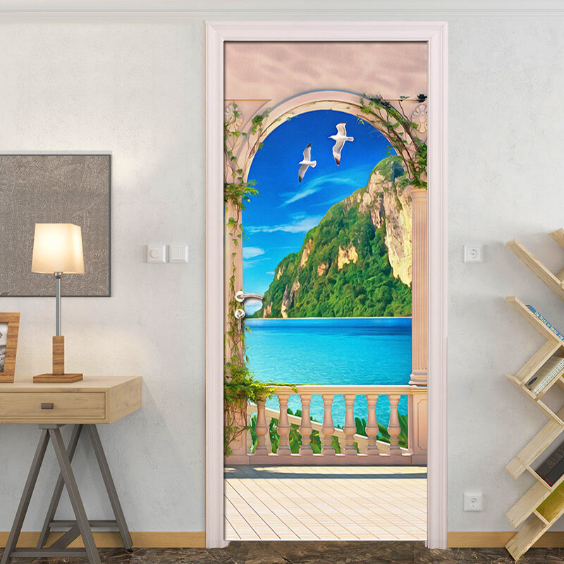 Pegatinas de PVC impermeables para decoración del hogar, Mural de puerta 3D de paisaje de mar europeo, pegatina moderna para puerta de sala de estar y dormitorio