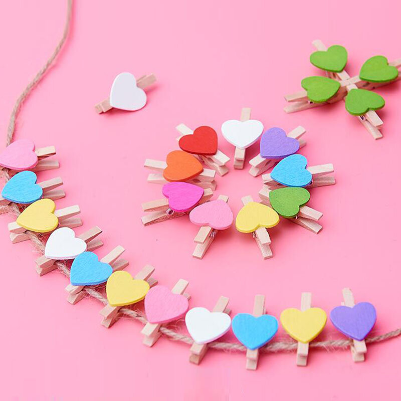 100 Pcs Colored Mini Love Heart Wooden Clothespin Office Supplies Craft memo Clips DIY Clothes Paper Peg Clothespin Photo Clips