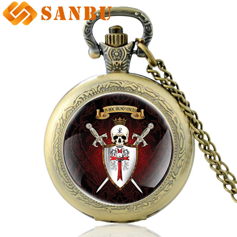 Bronze Knight Templar Skull Quartz Pocket Watch Vintage Men Cross Skeleton Necklace