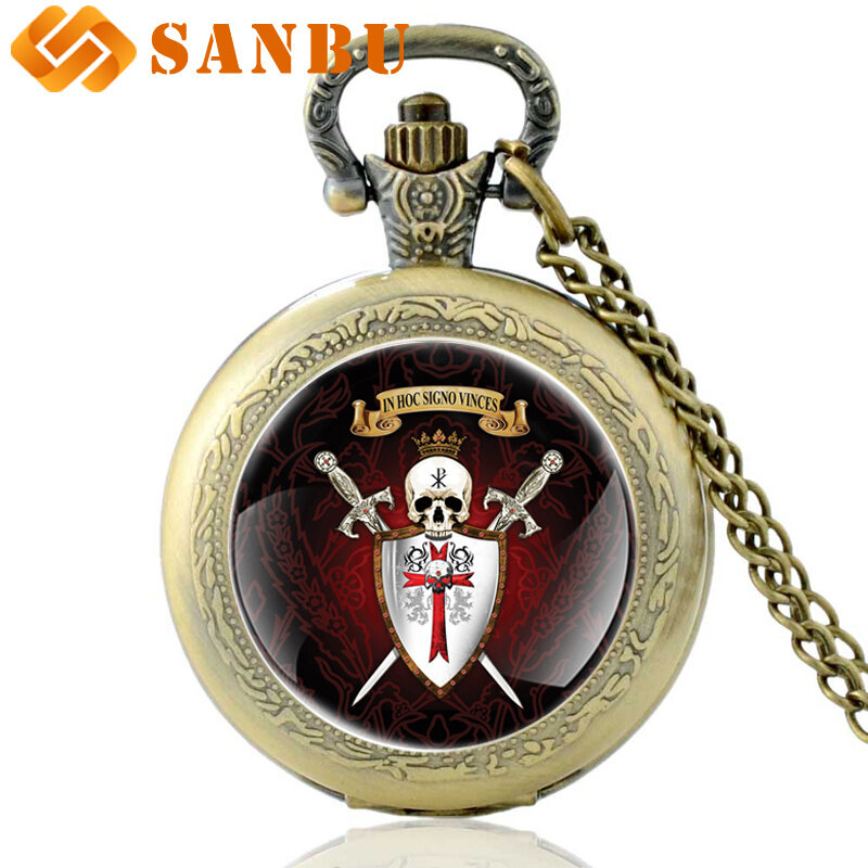 Brons Knight Templar Skull Quartz Zakhorloge Vintage Mannen Cross Skeleton Ketting