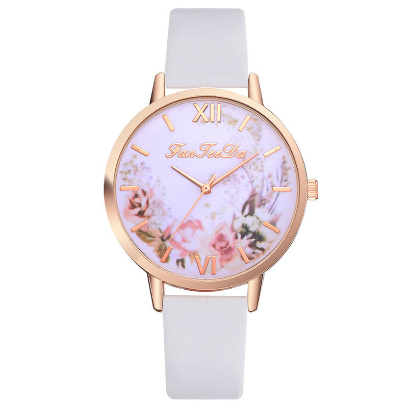 Relojes de flores simples para mujer, reloj de cuarzo informal de cuero, reloj femenino