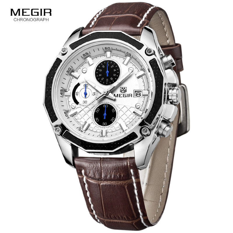Megir oficial relógio de quartzo masculino relógios moda couro genuíno cronógrafo relógio para gentle masculino estudantes reloj hombre 2015