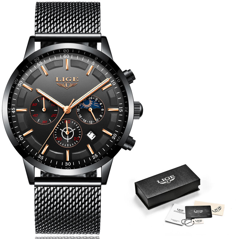 Relogio LIGE Mens Watches Top Brand Luxury Casual Quartz Wristwatch Men Fashion Stainless Steel Waterproof Sport Chronograph+Box