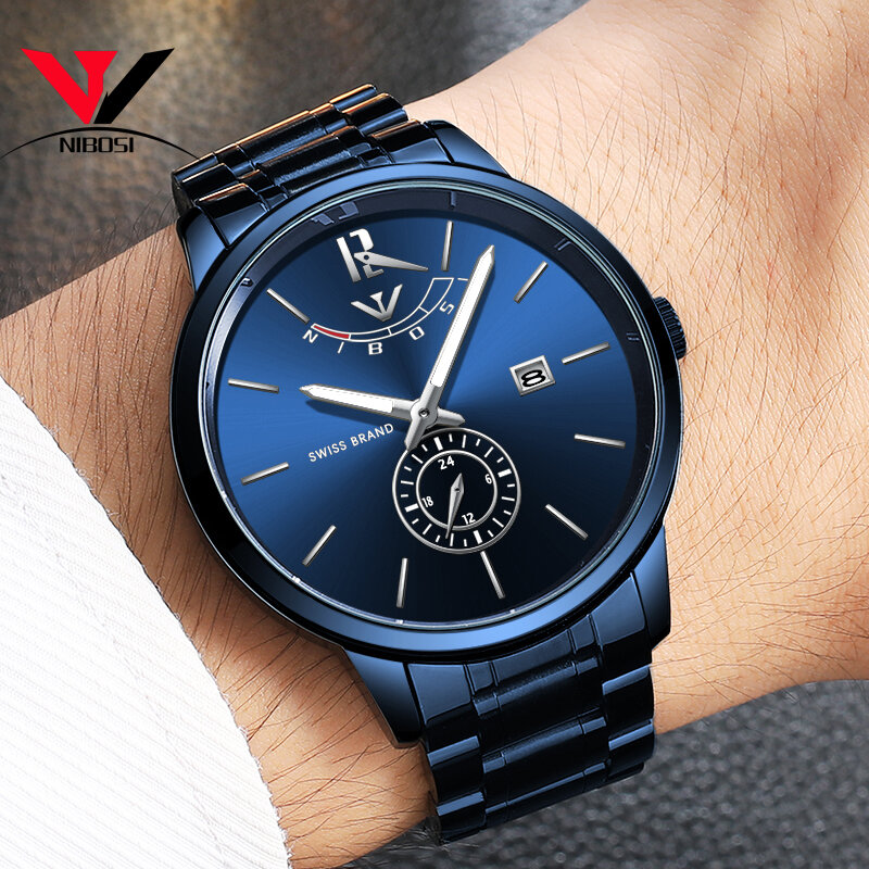 Nibosi relógio masculino moderno e luxuoso, à prova d'água, analógico e de quartzo de aço, azul, 2019