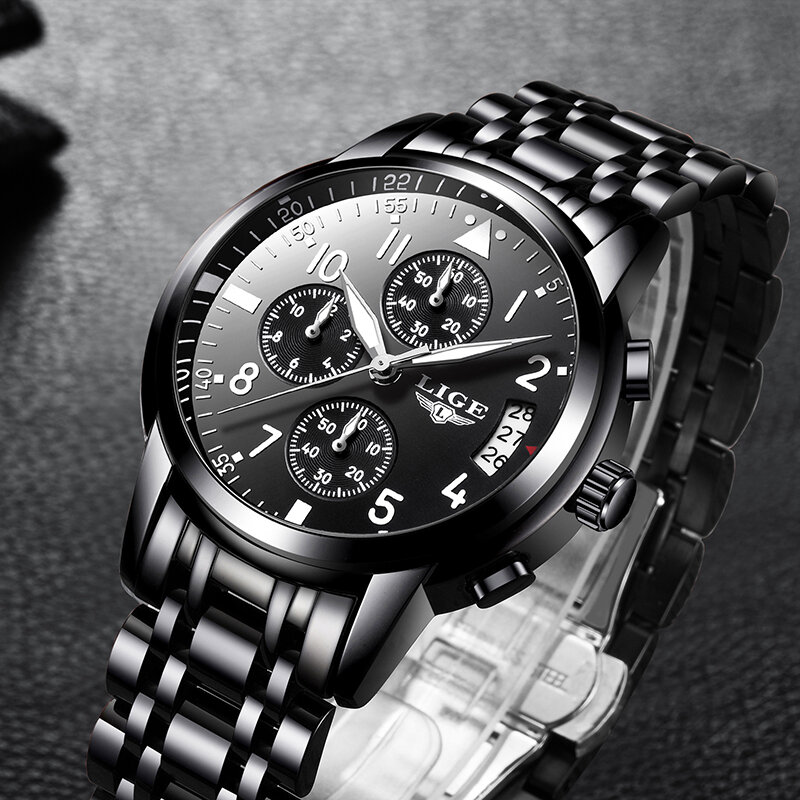 Часы наручные LIGE Мужские кварцевые, брендовые Роскошные модные спортивные стальные водонепроницаемые черные с коробкой