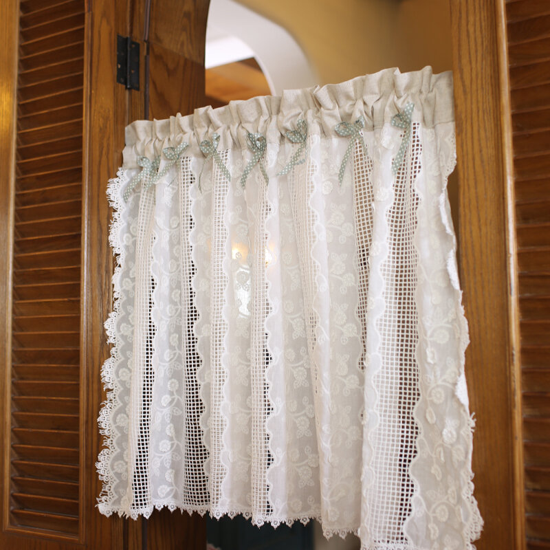 DUNXDECO-cortina corta para puerta de cocina, Media cortina francesa romántica de encaje blanco, Rideau delgado, para casa y vacaciones