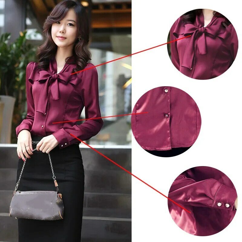 Hot Sale Korean Fashion Clothing Chiffon Satin Blouse with Bow Long Sleeve Womens Tops and Blouses Mori Ladies Office Shirt