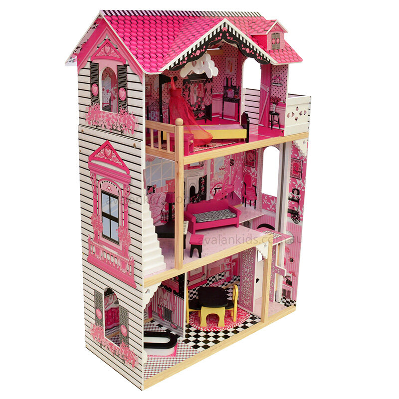 Casa de muñecas de madera rosa para niñas, casa de muñecas de lujo con muebles de muñecas, regalo de cumpleaños, 80x42x120cm