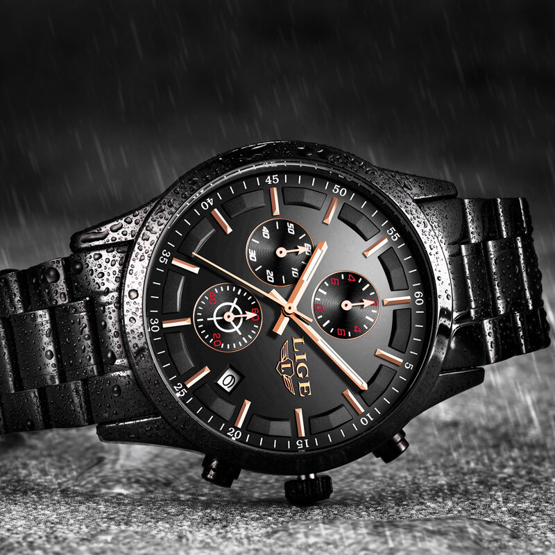 Часы LIGE Мужские кварцевые с хронографом, брендовые Роскошные спортивные водонепроницаемые из нержавеющей стали