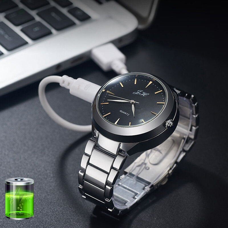 Windproof Flameless Cigarette Lighter date clock Electronic Men's Casual Quartz Wristwatches Rechargeable USB Lighter Watches
