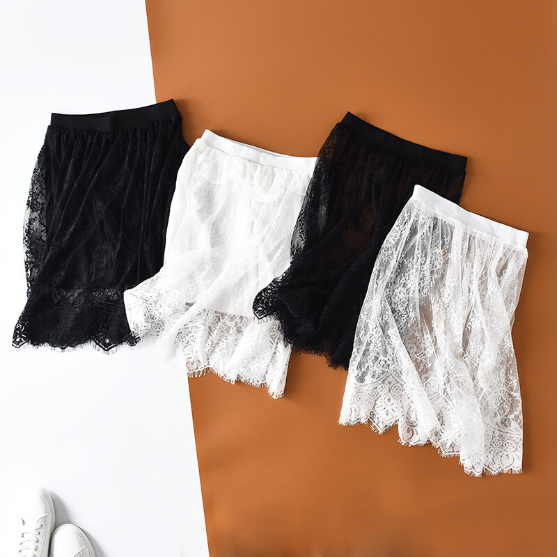 Korean Women Sexy Lace Transparent One Layer Skirts Summer Elegant Solid Casual Mesh Skirt Hollow Out Short  Black White Skirt