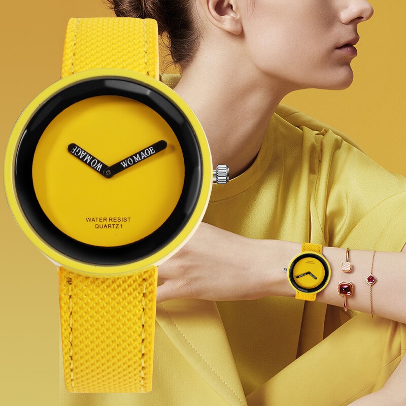 Relógio feminino colorido womage, relógio de pulso pulseira de couro 10 cores