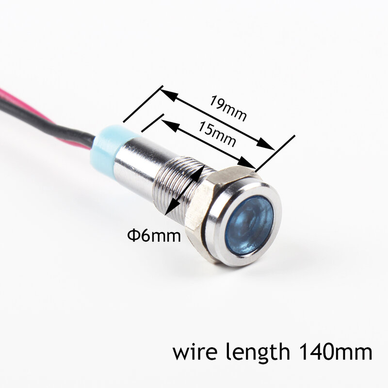 Luz indicadora de Metal LED 6mm lámpara de señal impermeable 6 V 12 V 24 V 220 v con cable rojo amarillo azul verde blanco 6ZSD. X