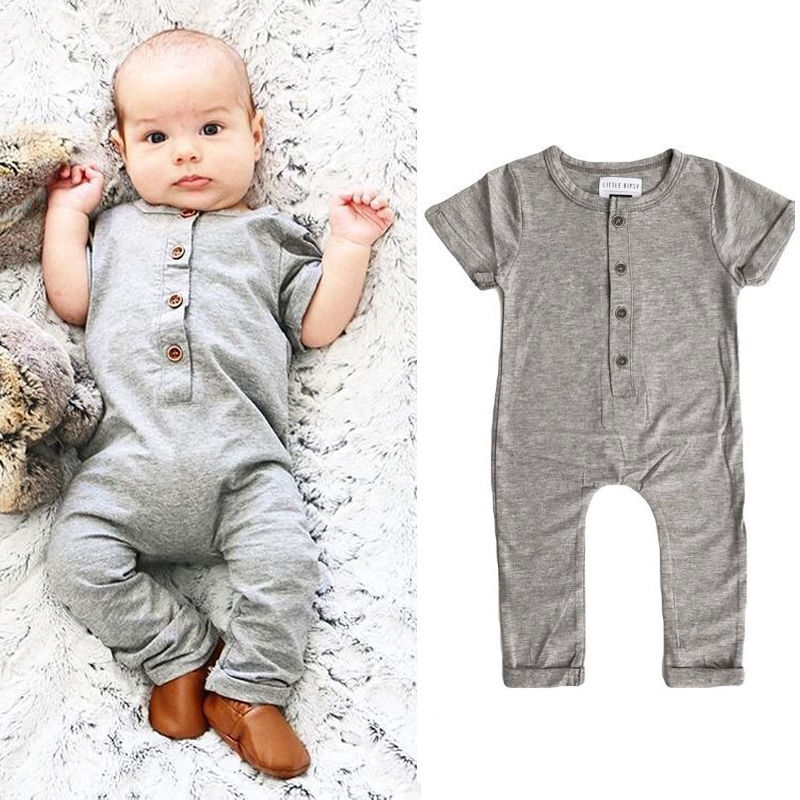 Pudcoco bawełna noworodek chłopiec śpioszki dziewczęce z krótkim rękawem jednokolorowy guzik jednoczęściowy kombinezon ubrania 0-24M