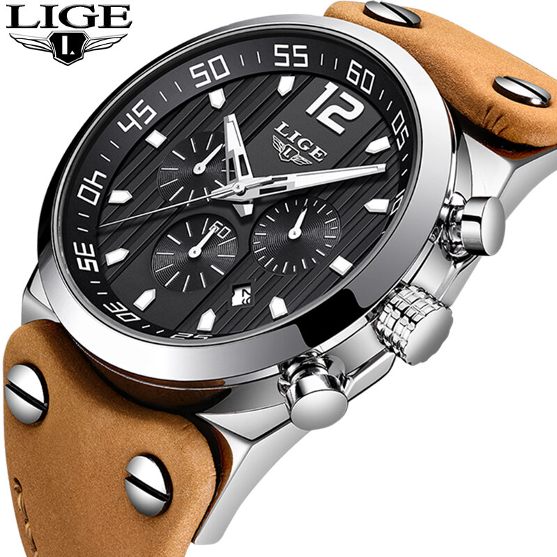 Männer Uhren Männlichen Wasserdichte Military LIGE Uhr Männer Top Marke Luxus Chronograph Leder Sport Quarz Armbanduhr uhren hombre