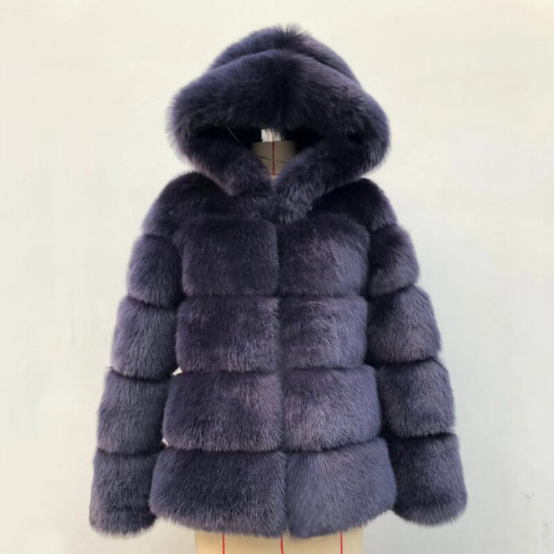 Herfst Winter Nieuwe Luxe Ontwerp Hooded Faux Fur Jassen Fashion Warm Patchwork Overjassen Vrouwen Casual Pluizige Vossenbont Bovenkleding