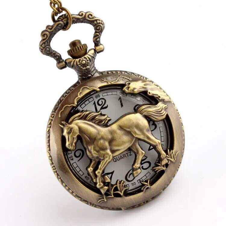 Free shipping Bronze horse Hollow Quartz Pocket Watch Necklace Pendant Womens Men GIfts P247