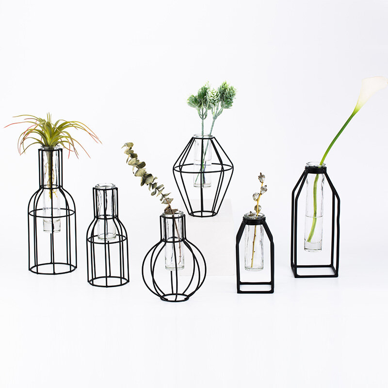Nordic Style 3D Glass Iron Art Geometric Vase Ornaments Plant Bonsai Flower Wedding Home Decorate Minimalist Garden Modern Decor