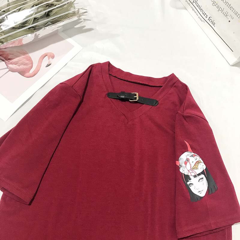 NiceMix-Camiseta de algodón para mujer, Tops Harajuku Tumblr, Camiseta con estampado de dibujos animados para mujer, Camiseta holgada de manga corta con cuello en V para mujer 2020