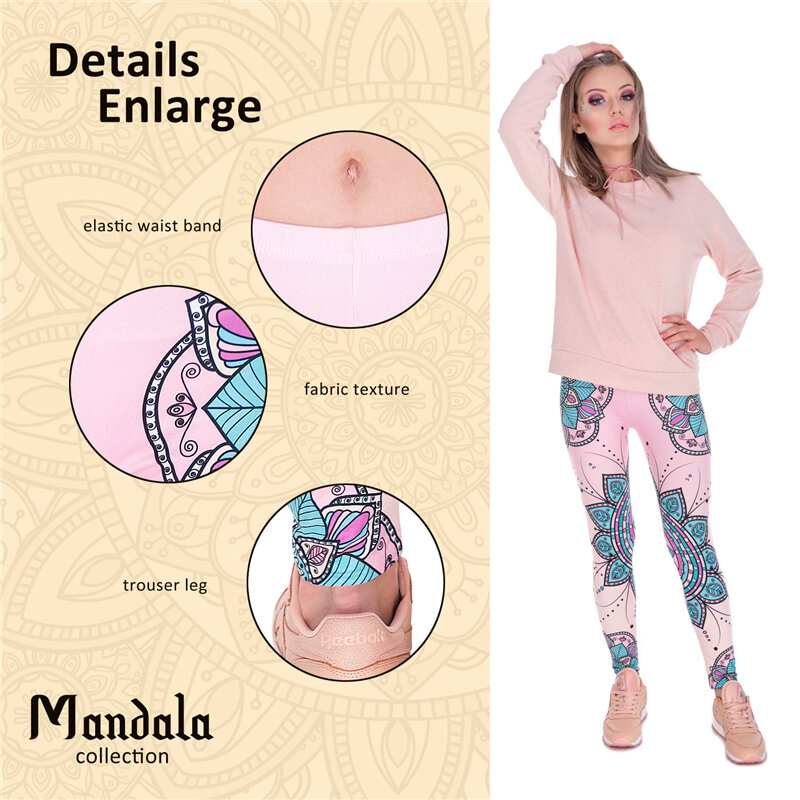 2019 Leggings de mujer con estampado de Mandala azul y rosa para ejercicio transpirable secado rápido de la transpiración Leggins Pantalón elástico alto