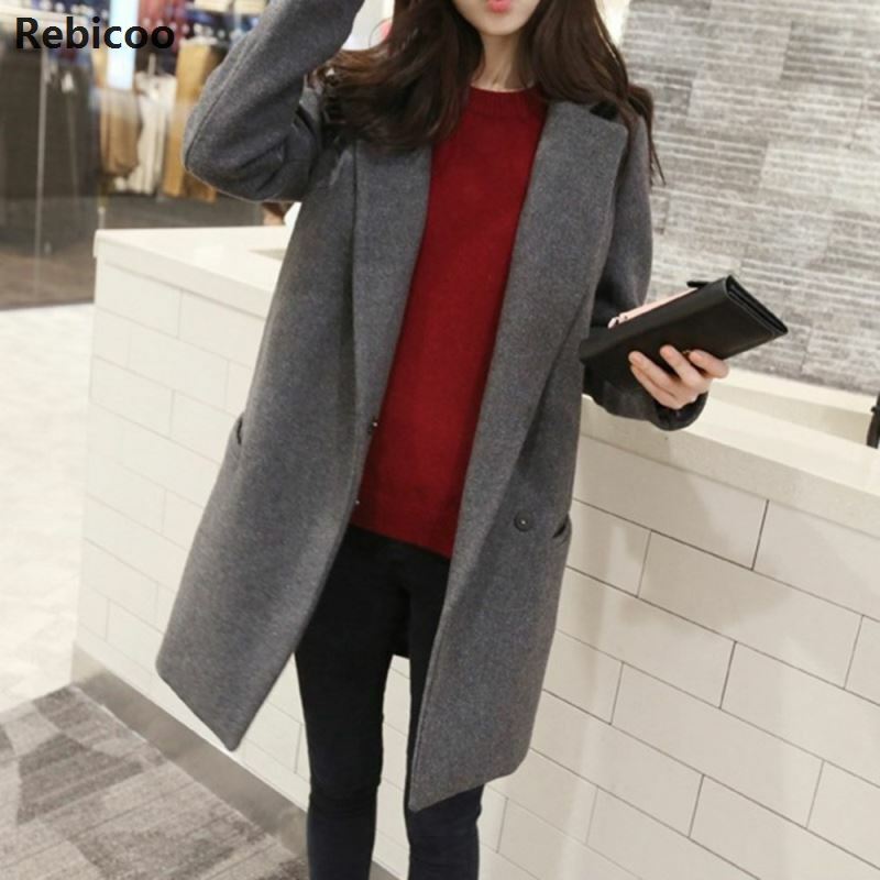 Long-sleeved Slim Medium Length Woolen Overcoat Women Autumn Warm Coats with Tailored Collar Grey Double-breasted Cotton Topcoat