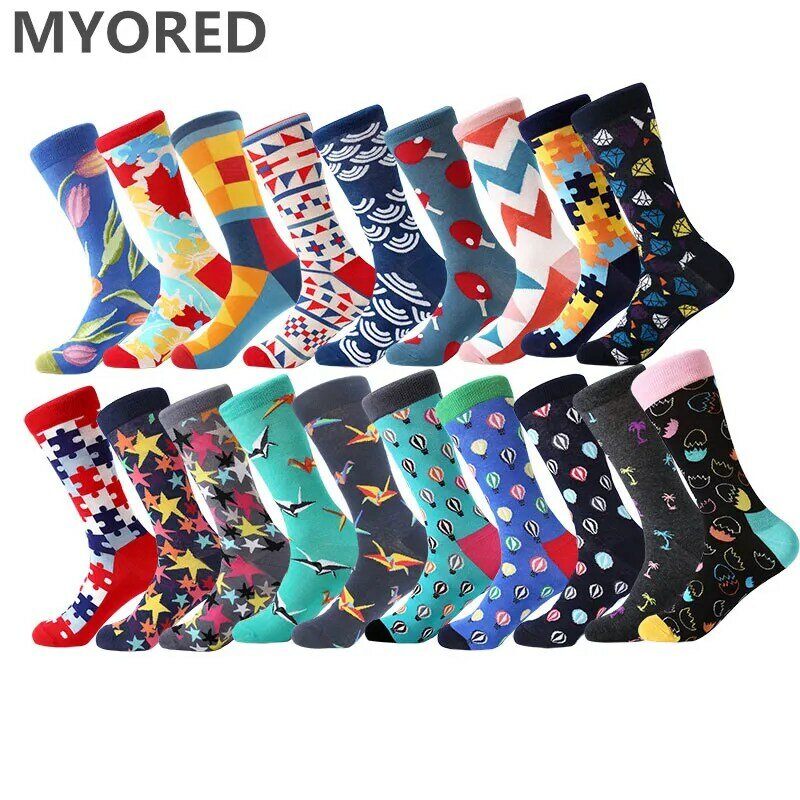 MYORED – Calcetines de algodón peinado con estampado divertido para hombre, medias de pantorrilla con colores brillantes, estilo informal, ideal para regalo de boda, 1 par