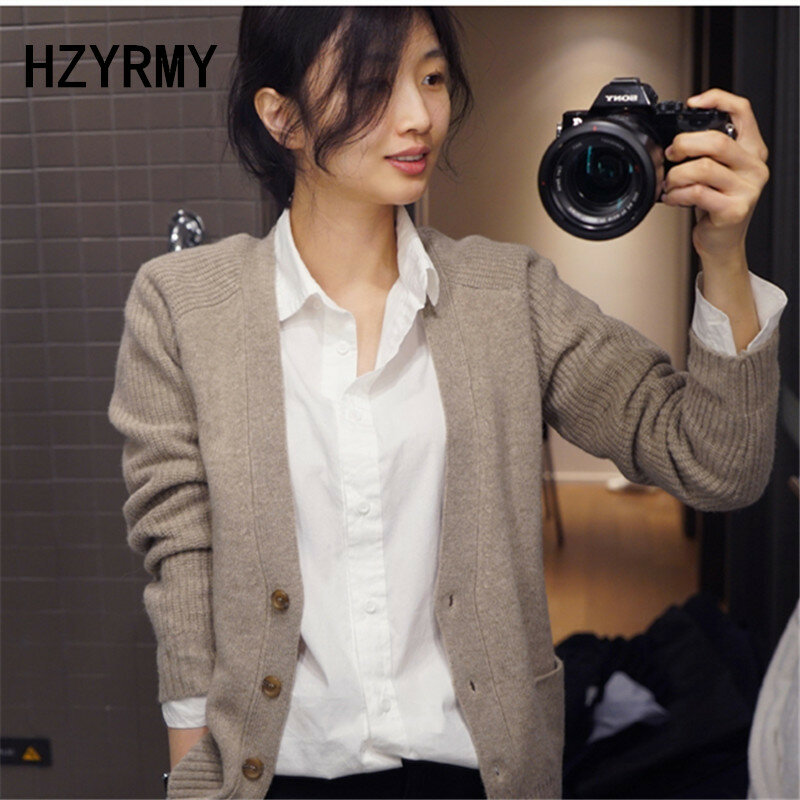Hzyrmy outono inverno novo cardigan de caxemira das mulheres moda com decote em v solto blusas de cor sólida macio quente lã curta jaqueta feminina