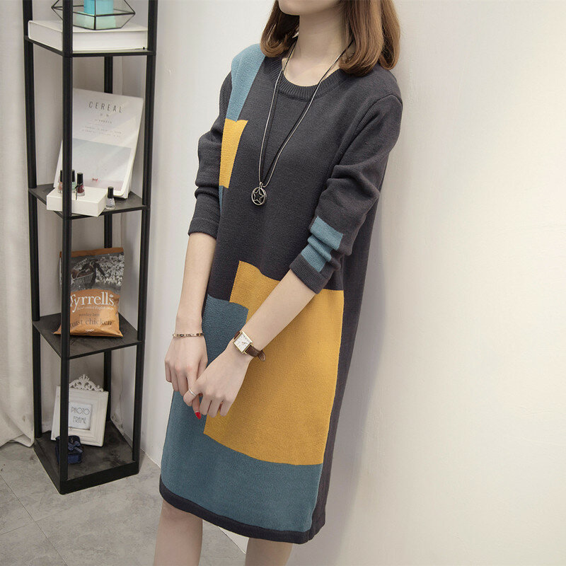 Fashion Wanita Gaya Korea Patchwork Rajutan Sweter Gaun Musim Semi Musim Gugur Wanita Panjang Sweater Streetwear Vintage Rajutan