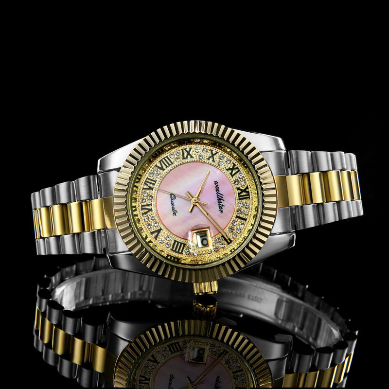 Wealthstar-Reloj de pulsera de acero inoxidable para hombre y mujer, cronógrafo con diamantes de imitación, fecha automática, masculino, 41 mm