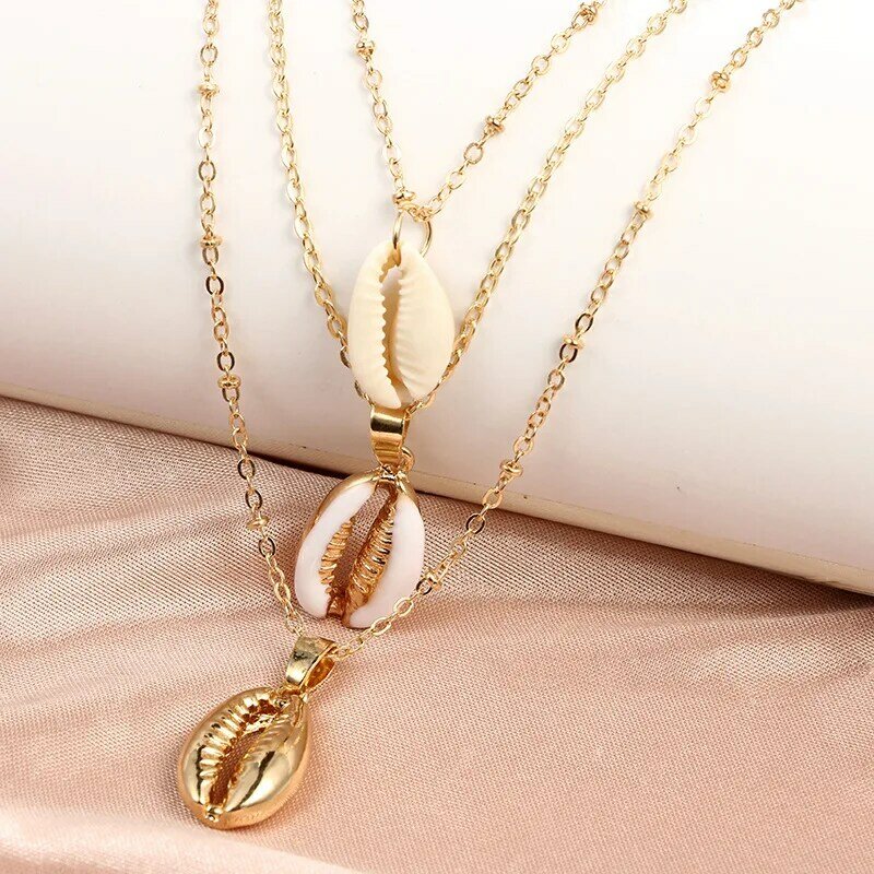 Três camadas de concha pingente colar natural concha de ouro feminino melhor amigo 2020 moda cowry gargantilha colar boêmio jóias