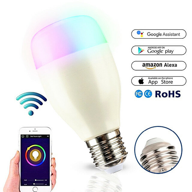E27 RGB 7W WIFI LED 스마트 전구 볼 램프, 밝기 조절 가능한 컬러 LED 전구 Alexa Google 홈 iOS 휴대 전화 앱 제어와 함께 작동