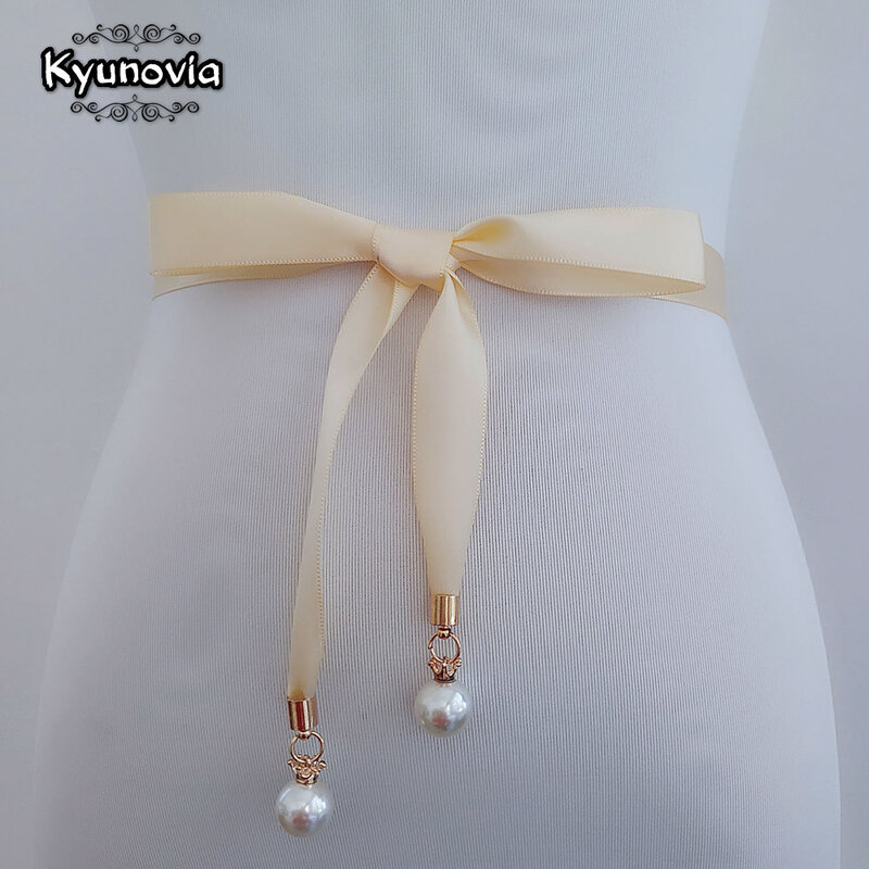 Kyunovia 真珠のペンダントスタイルのウェディングドレスベルト高品質両面サテンサッシ真珠サッシ薄型花嫁衣装のウェディングベルト d80