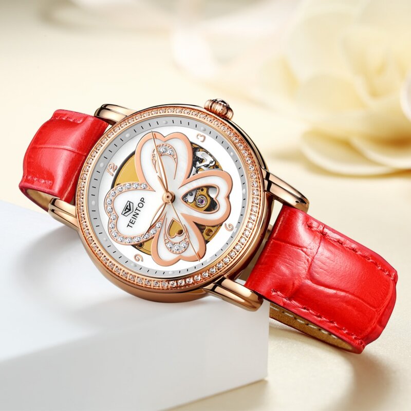 TEINTOP แบรนด์นาฬิกาหรูหนังสีแดงแฟชั่นสไตล์สุภาพสตรีนาฬิกาแฟนนาฬิกา Luminous Relogio Feminino
