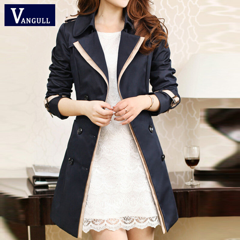 Vangull – Trench-Coat Slim à col rabattu pour femme, manteau coupe vent, Double boutonnage, Patchwork, couleur, grandes tailles