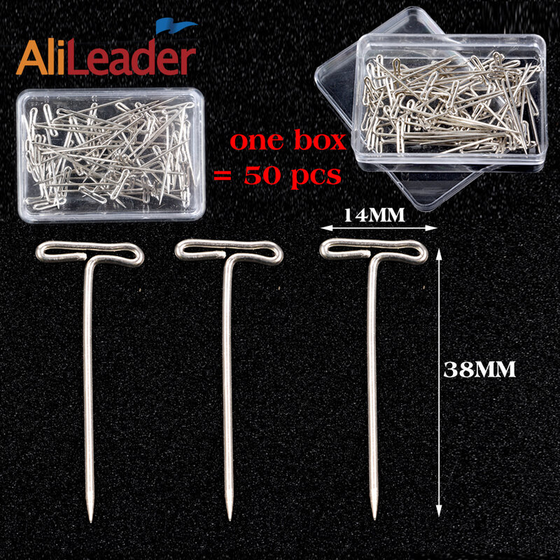 AliLeader-Pin de agujas en forma de T para pelucas, cabeza de maniquí, herramientas de peluquería, 38mm de largo, 50 unids/caja