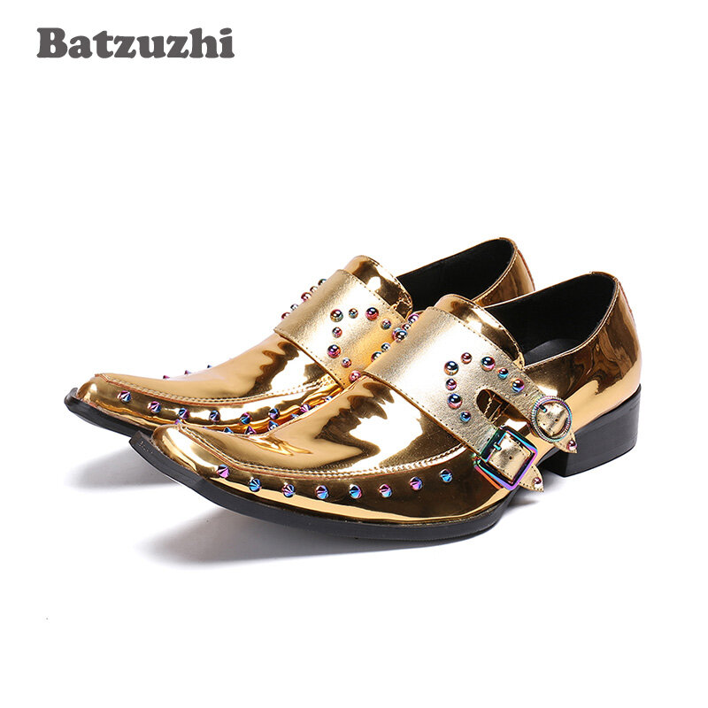 Batzuzhi Rock Men Shoes Western Gold Genuine Leather Dress Shoes Men Rivets Sepatu Pria Club Party Runway Dress Shoes Men, US12
