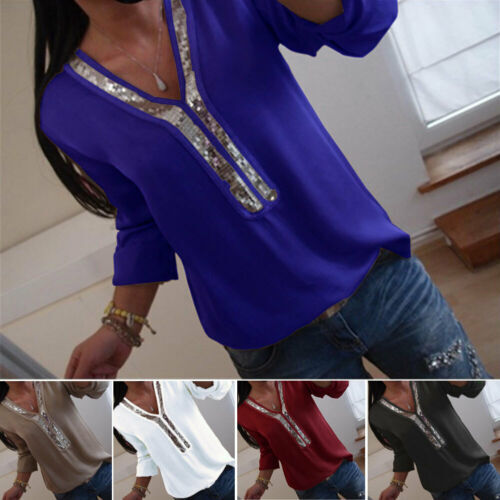 Fashion Women Ladies Long Sleeve Loose Blouse Summer V-Neck Casual Shirts Tops Clothing Sequined Solid Casual Soft Clothes