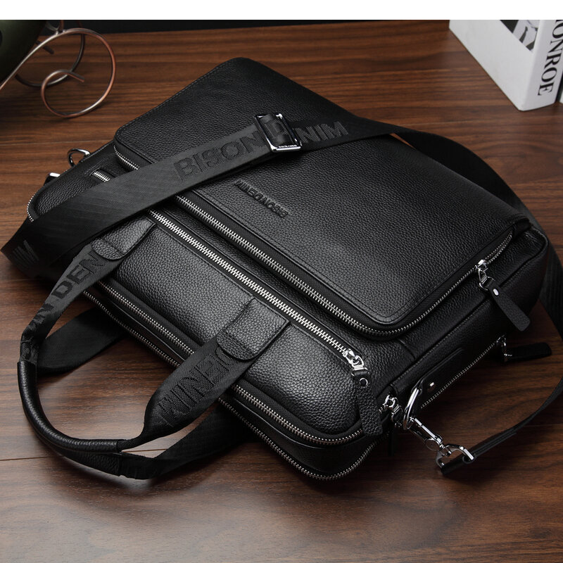 البيسون الدنيم جلد طبيعي حقائب 15 "laptop يد رجال الأعمال حقيبة crossbody رسول/حقائب الكتف للرجال N2333