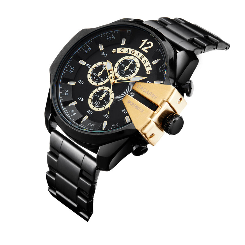 Cagarny-reloj de cuarzo deportivo para hombre, cronógrafo masculino de acero inoxidable, color dorado y negro, a la moda