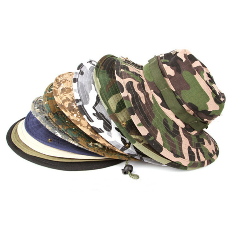 Chapéu esportivo para homens e mulheres, chapéu de camuflagem militar de algodão em estilo balde para caça, chapéu de pescador
