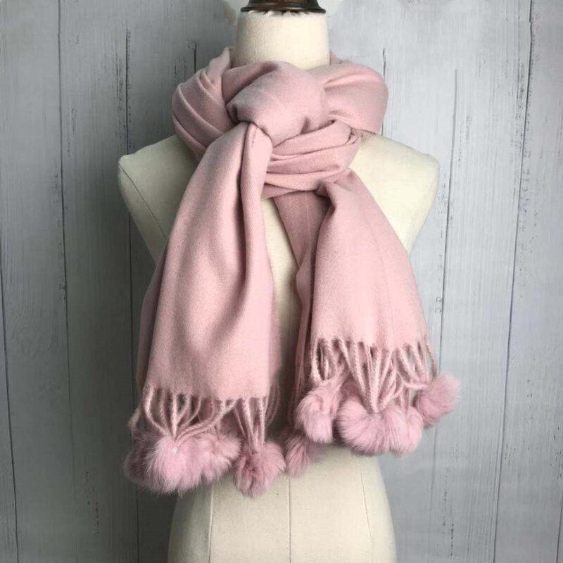 Winter And Spring Solid Color Rabbit Fur Ball Scarf Warm Fashion Novelty Cashmere Cotton Adult Women Scarves New Design