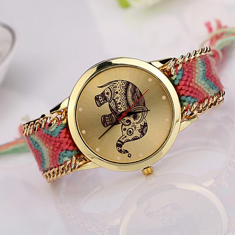 Vrouwen Quartz Horloges Kleurrijke Gevlochten Riem Horlogeband Horloges Beknopte Grote Olifant Dial Quartz Horloges