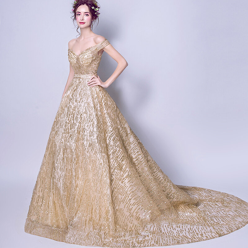 Es der Yiiya Boot-ausschnitt Gold Luxus Abendkleider Floral Bling Pailletten Mode Designer Bodenlangen Formale Kleid LX296