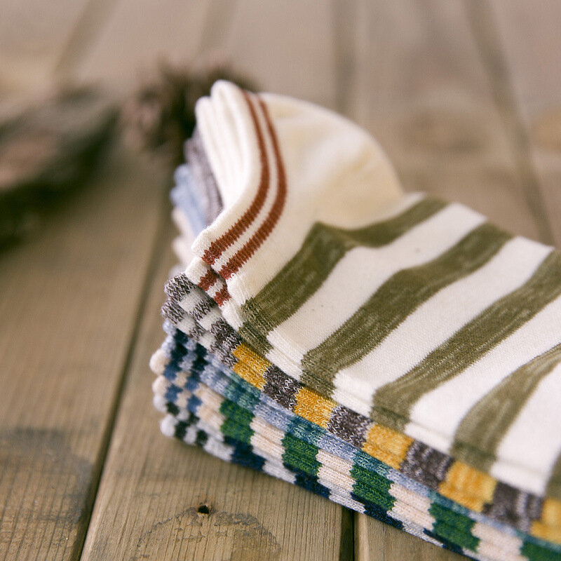 Calcetines tobilleras de algodón rayado para hombre, 5 par/lote, primavera, verano y otoño